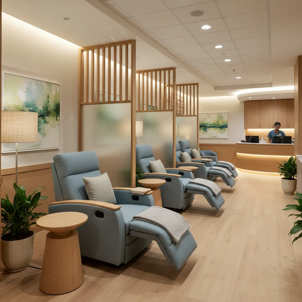 Sala de quimioterapia con sillones cómodos y espacios semi privados