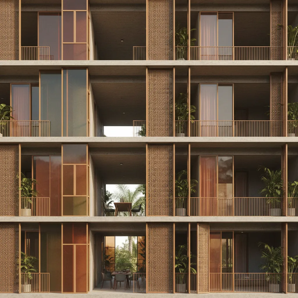 Modern apartment building exterior featuring glass panels green plants and private balconies with outdoor dining