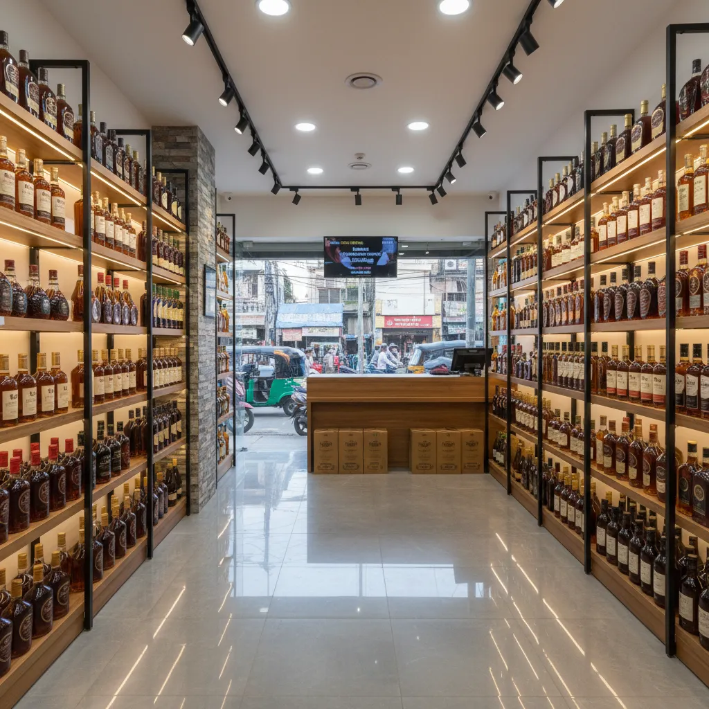 Interior of a Chennai liquor store shelf displaying brandy bottles