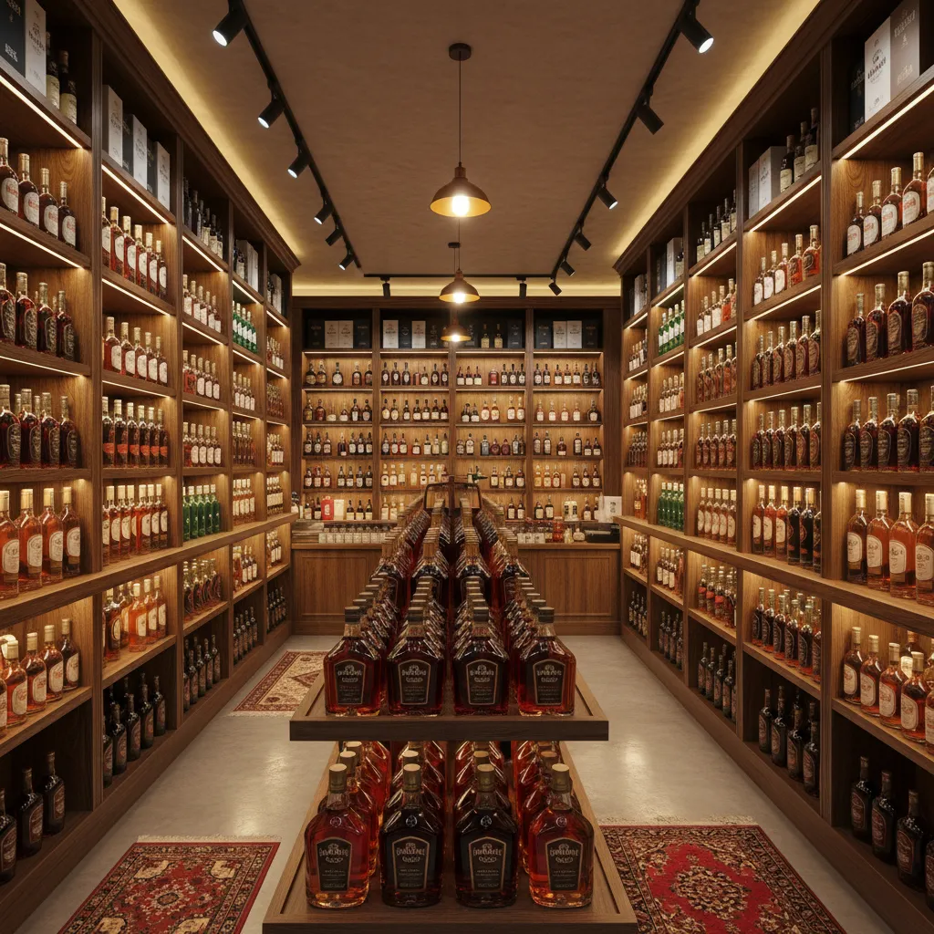 Shelves of brandy bottles in a Chennai liquor shop