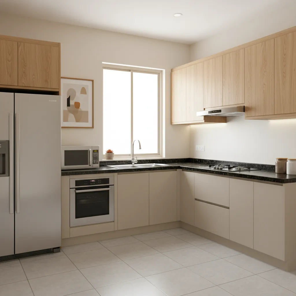 Modern modular kitchen in a Chennai apartment with laminate cabinets and granite countertop