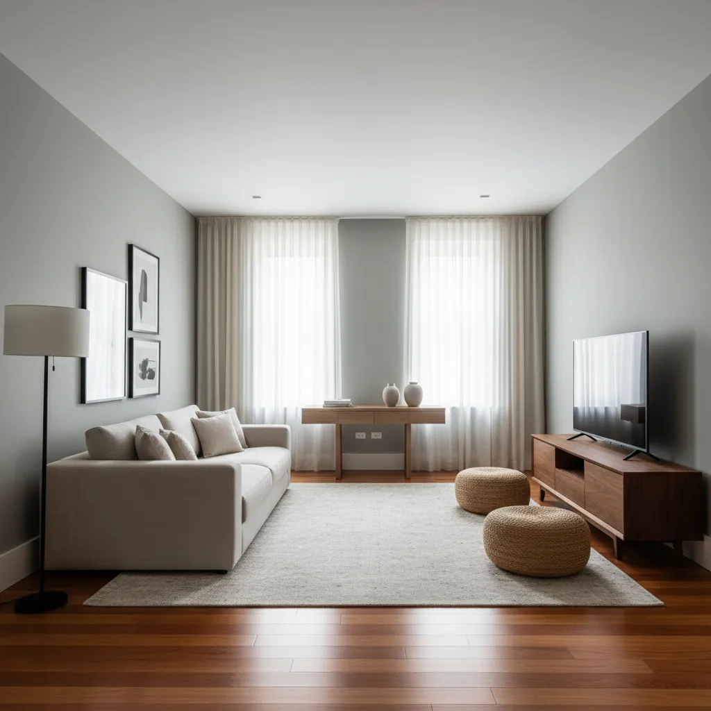 Living room showing balanced wall color with cherry wood flooring