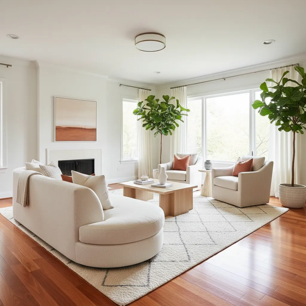 Bright living room with cherry hardwood floors and neutral furniture