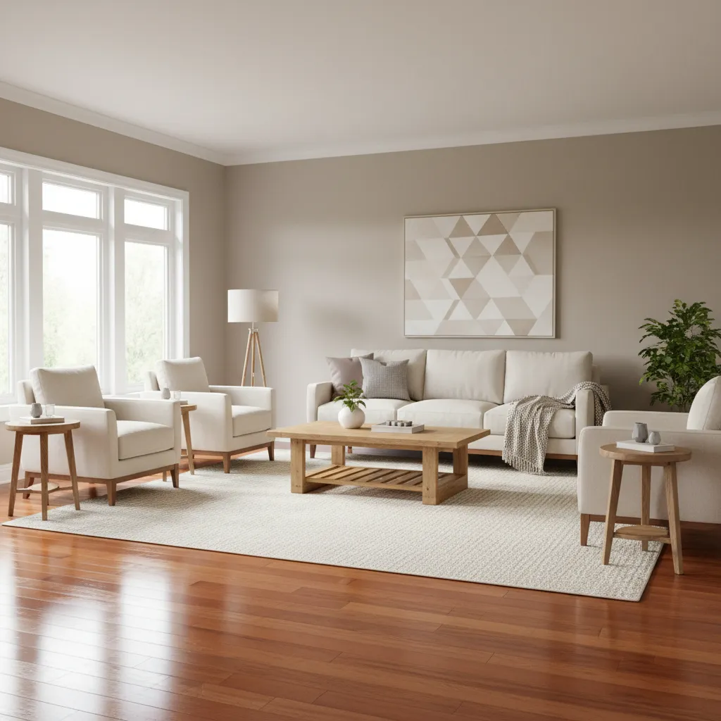 Modern living room with neutral rug on cherry wood floor white sofa wooden coffee table