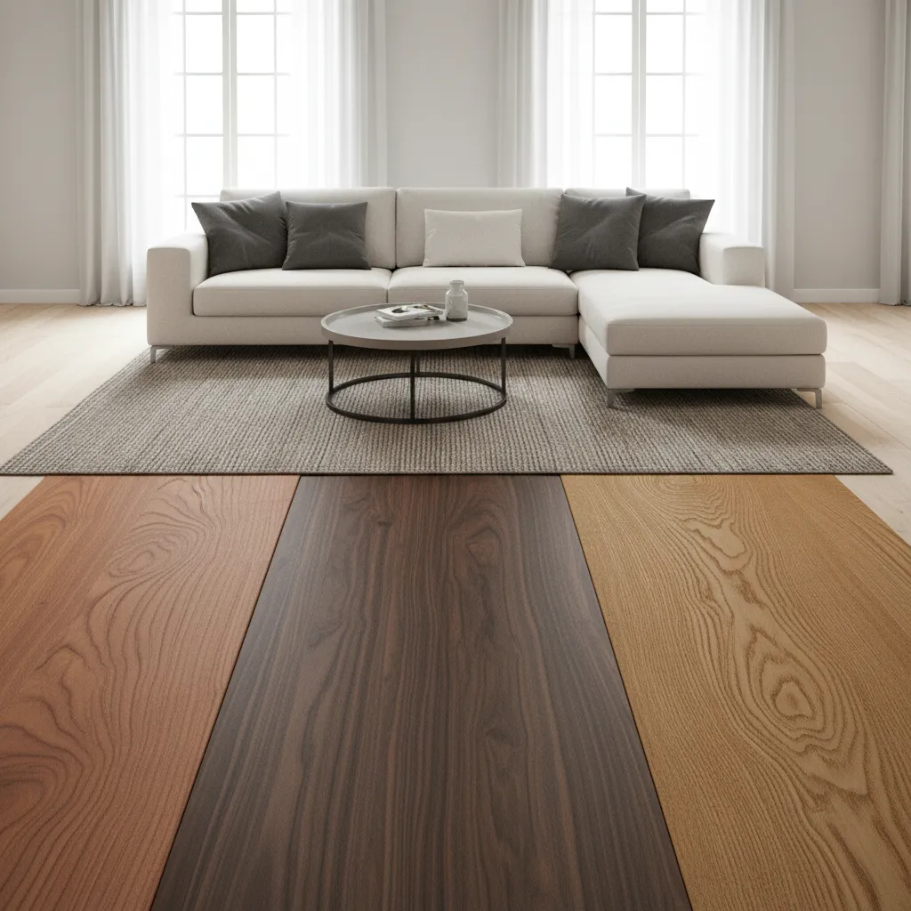 Living room interior showing cherry walnut and oak flooring tones