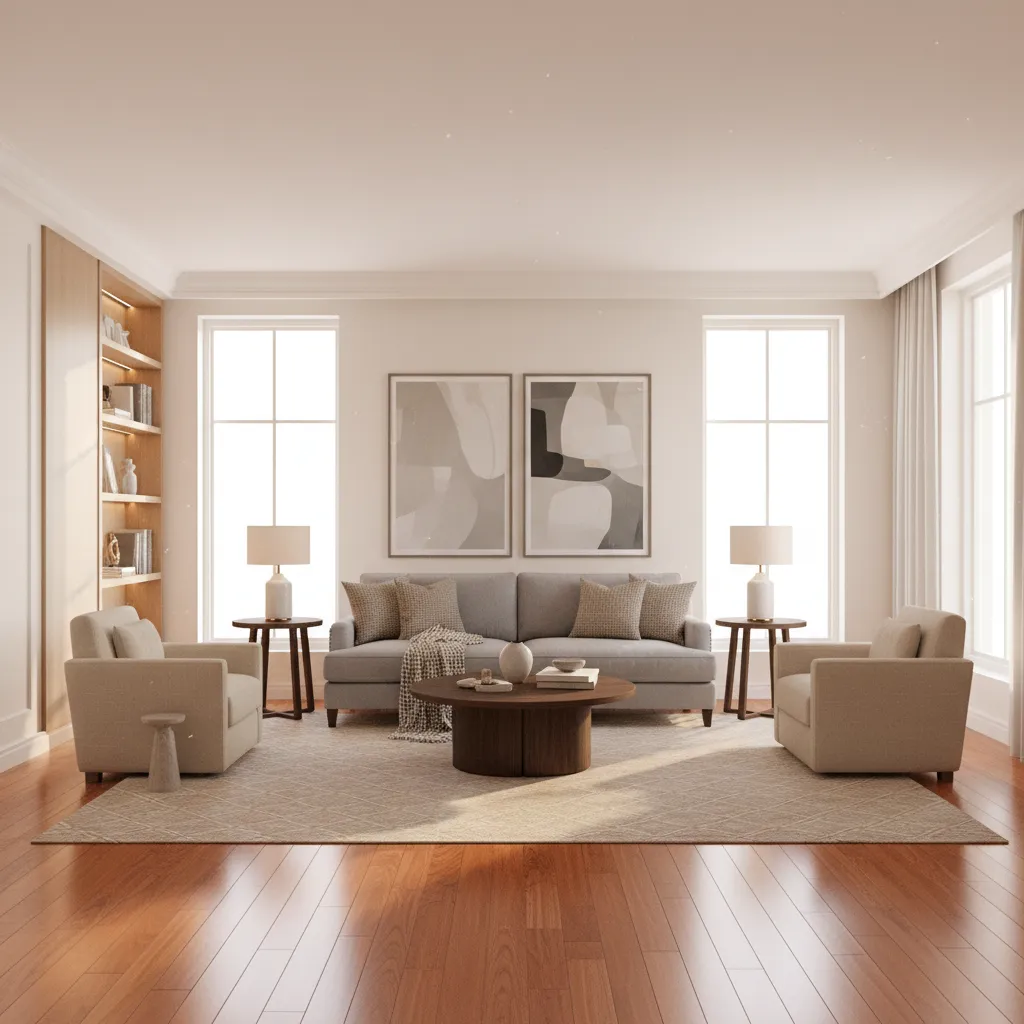 Elegant living room with cherry wood floor grey sofa two beige armchairs and patterned rug