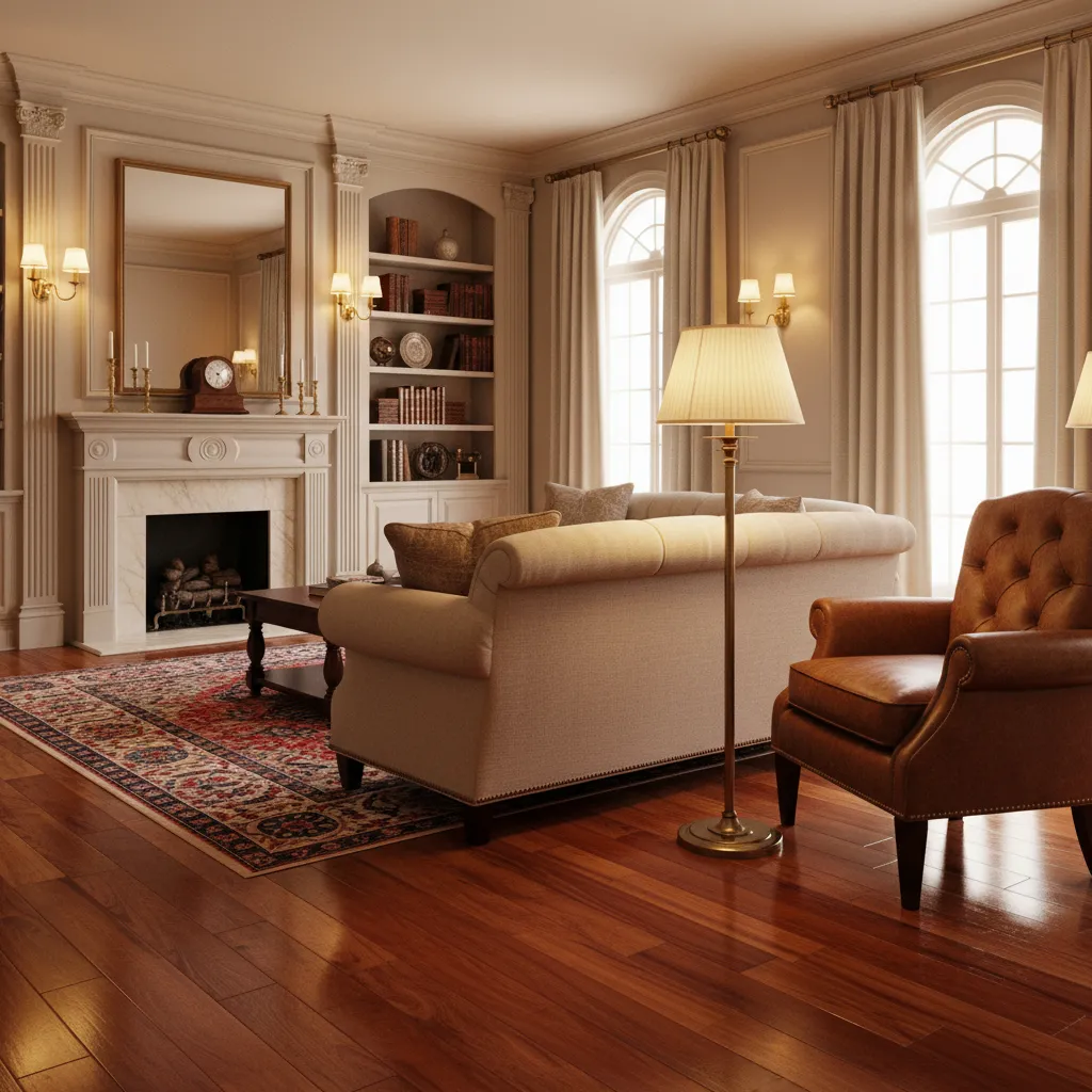Traditional living room with cherry wood floors and warm furniture