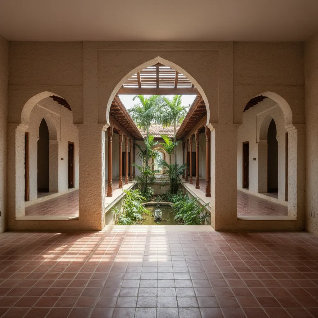 Traditional indoor courtyard with stone arches, wooden pillars, green plants, small pool, and tiled floor