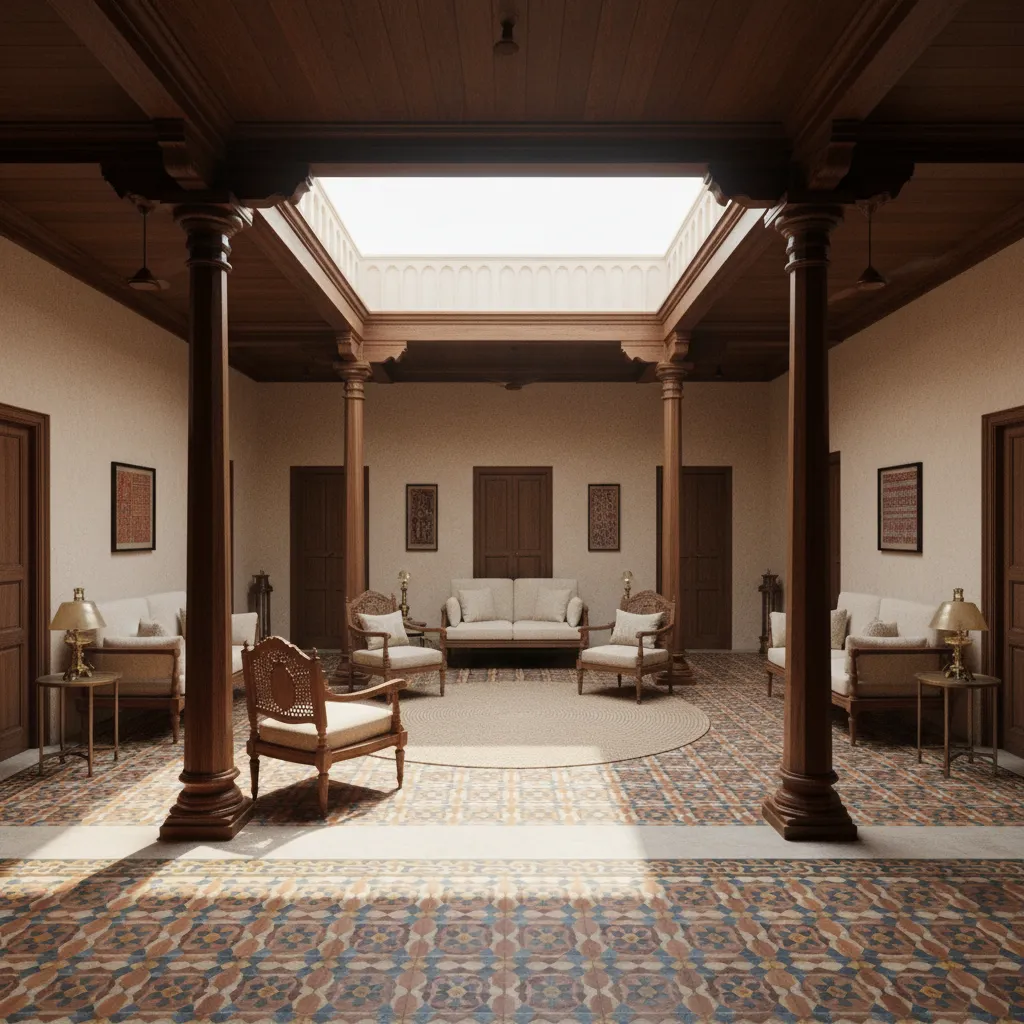 Central hall in a compact Chettinad style home layout