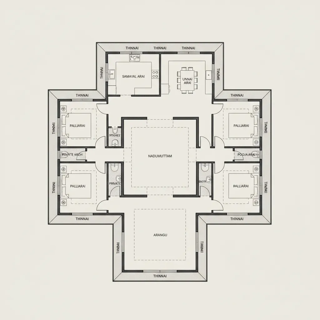Optimized 1500 sq ft Chettinad floor plan layout
