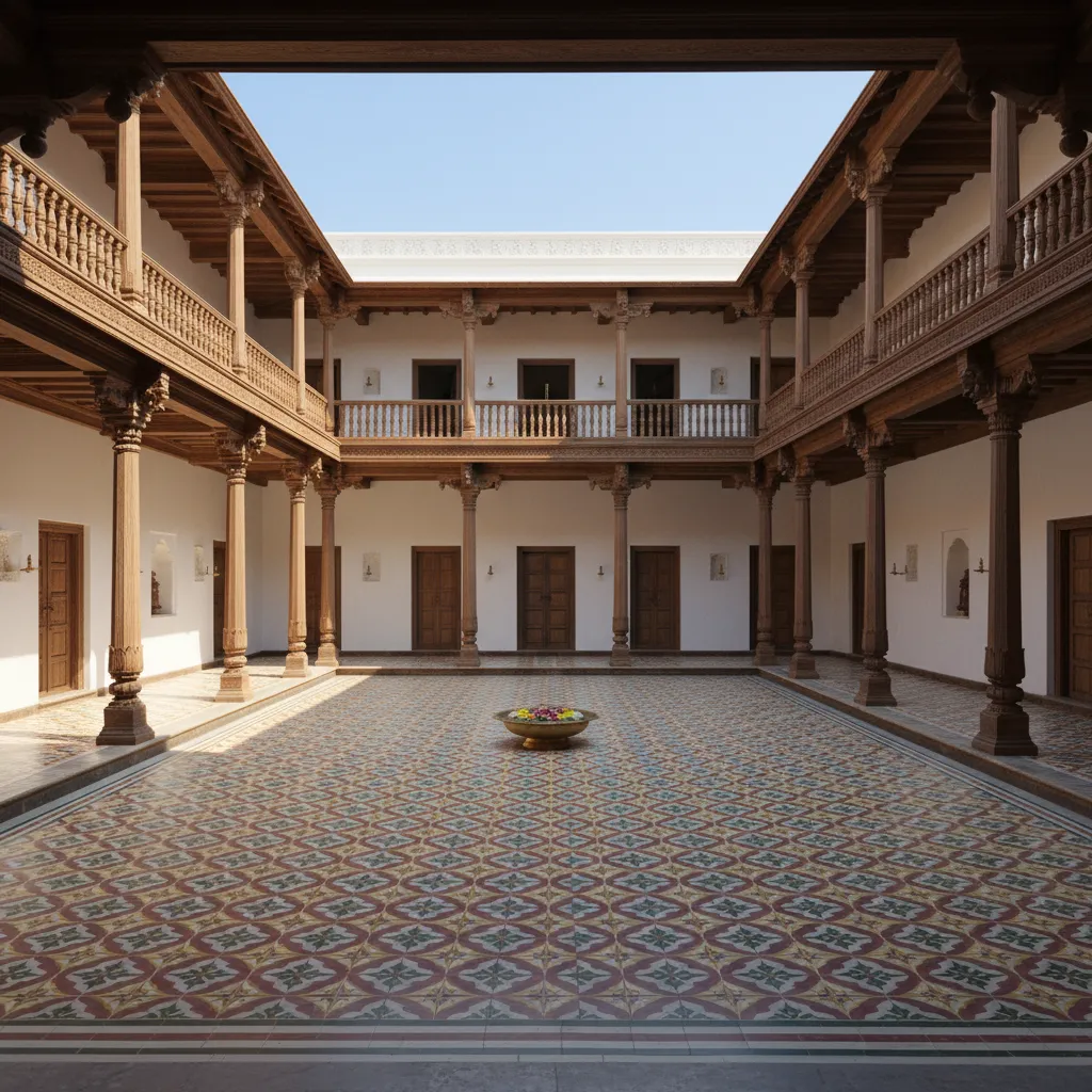 Central courtyard design in a Chettinad house with pillars and open sky