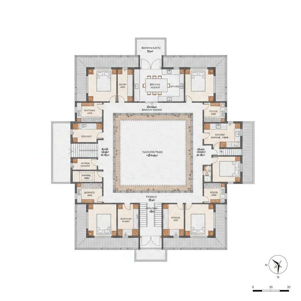 architectural floor plan showing courtyard circulation in Chettinad house