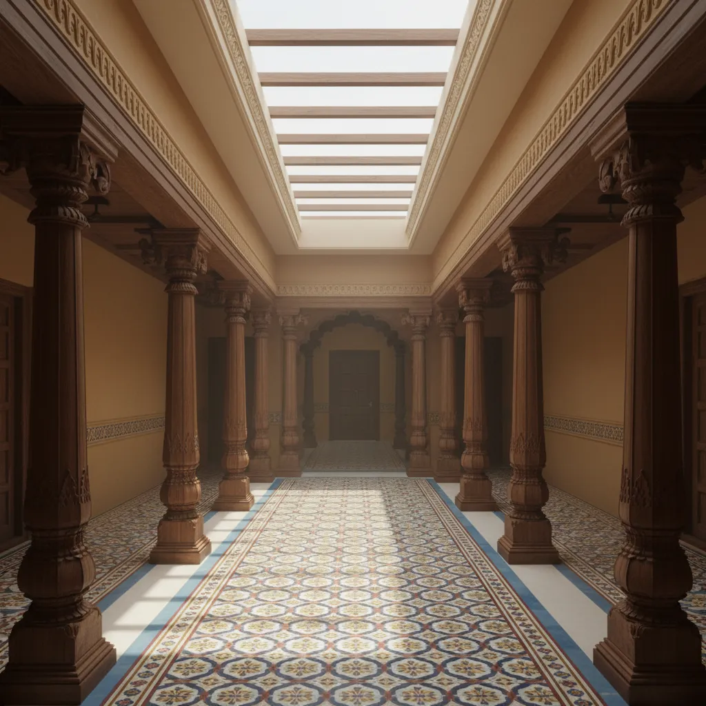 Chettinad style hallway with skylight improving natural lighting