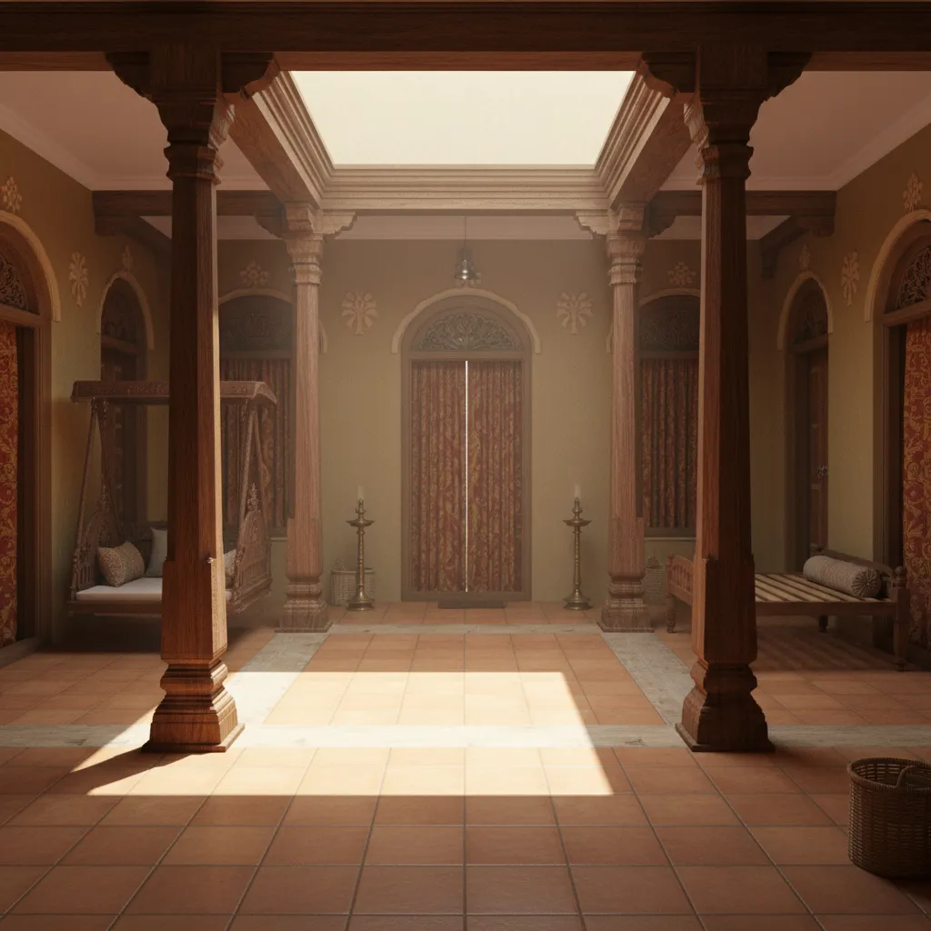 compact Chettinad house interior showing rooms around courtyard