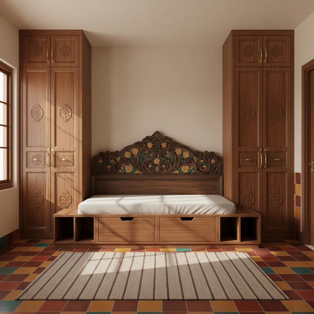 Built in storage solutions inside a Chettinad style bedroom