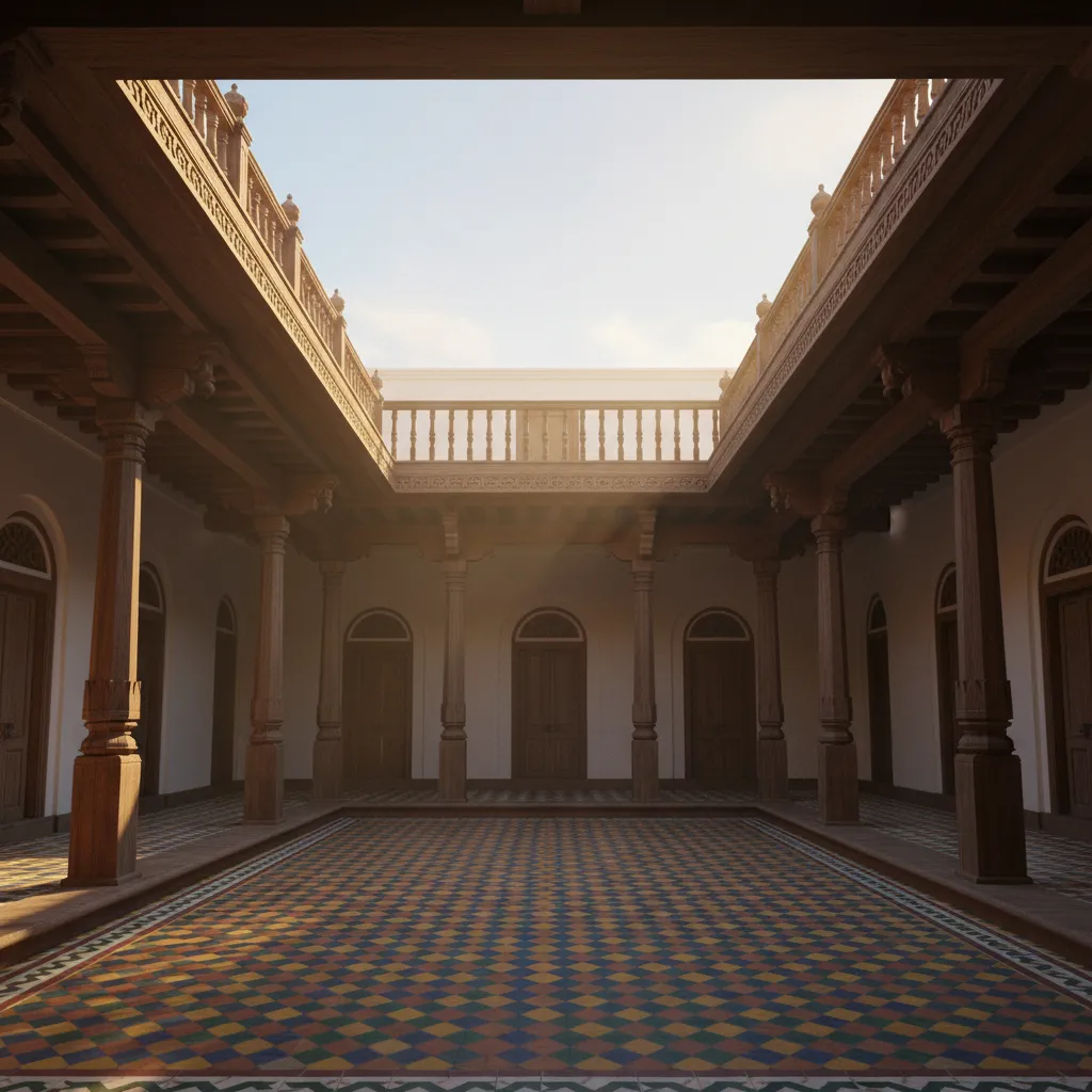 Traditional Chettinad courtyard layout with surrounding rooms and veranda