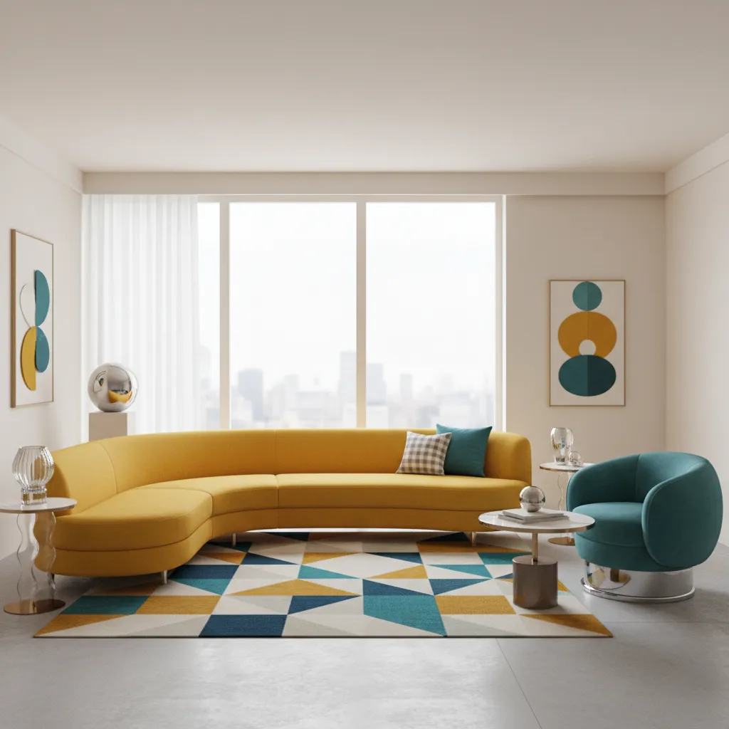 chic modern retro living room with colorful curved sofa and bold decor