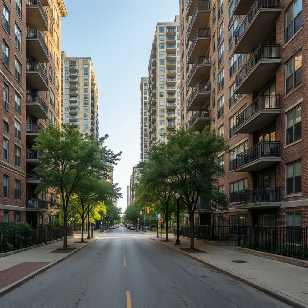 Chicago residential neighborhood with mid rise apartment buildings