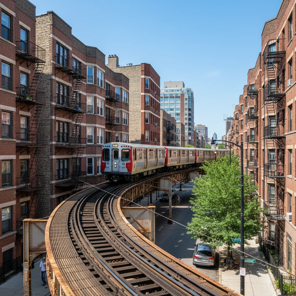 Chicago CTA train passing through residential neighborhood illustrating transit access for renters