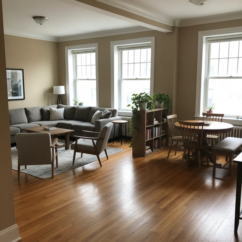 Large shared Chicago apartment interior with living room and multiple bedrooms suitable for roommates