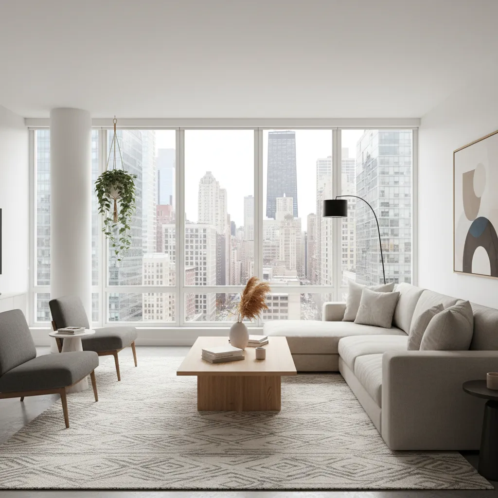 Bright Chicago shared apartment living room with modern furniture