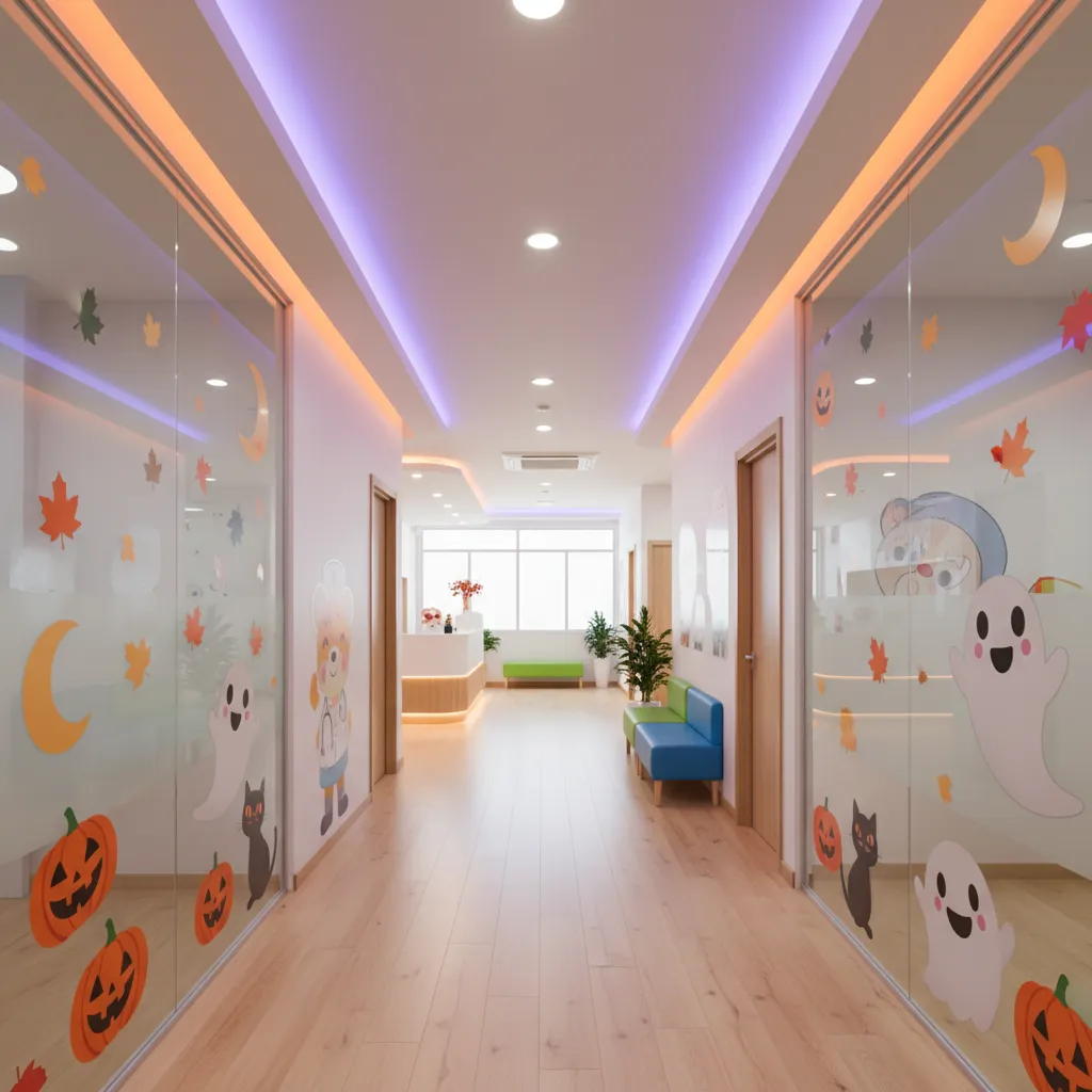 child friendly halloween decorations inside pediatric clinic hallway