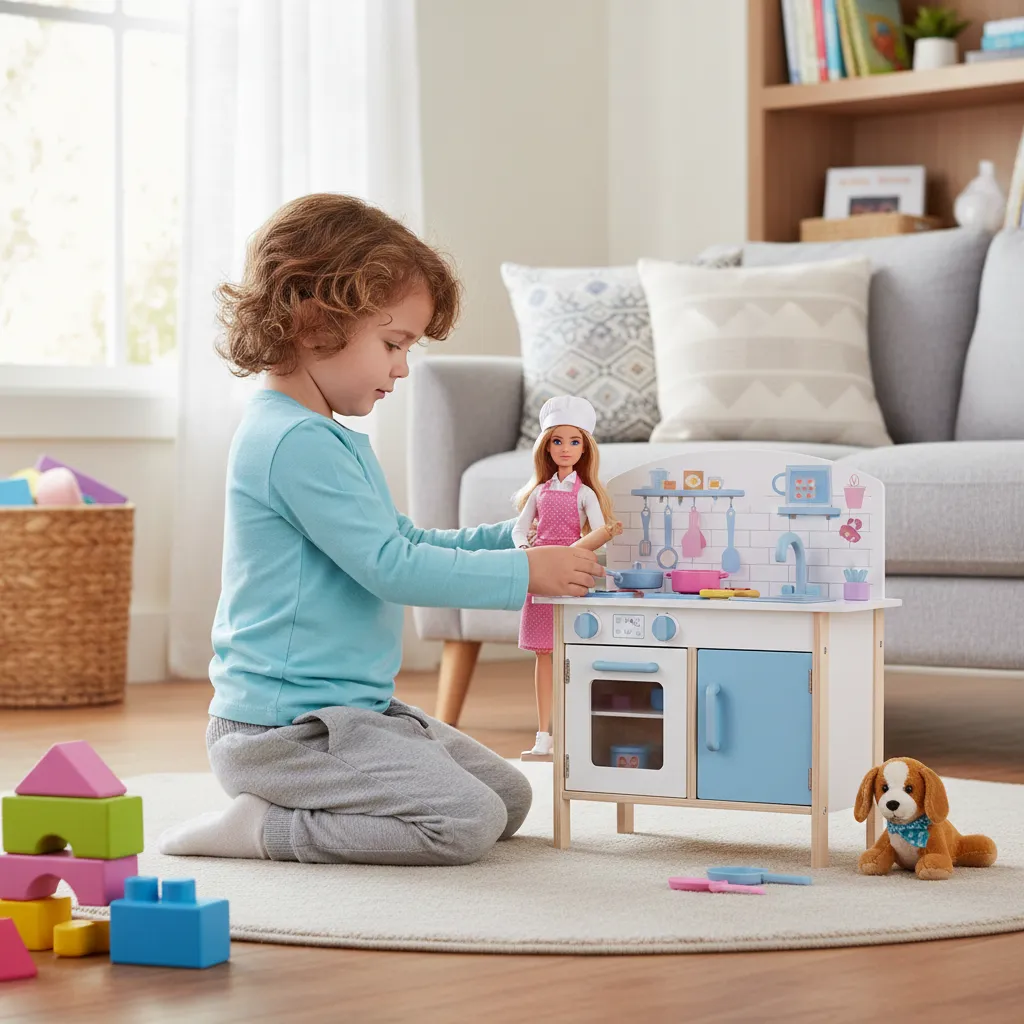 Child playing with Barbie doll in miniature kitchen playset