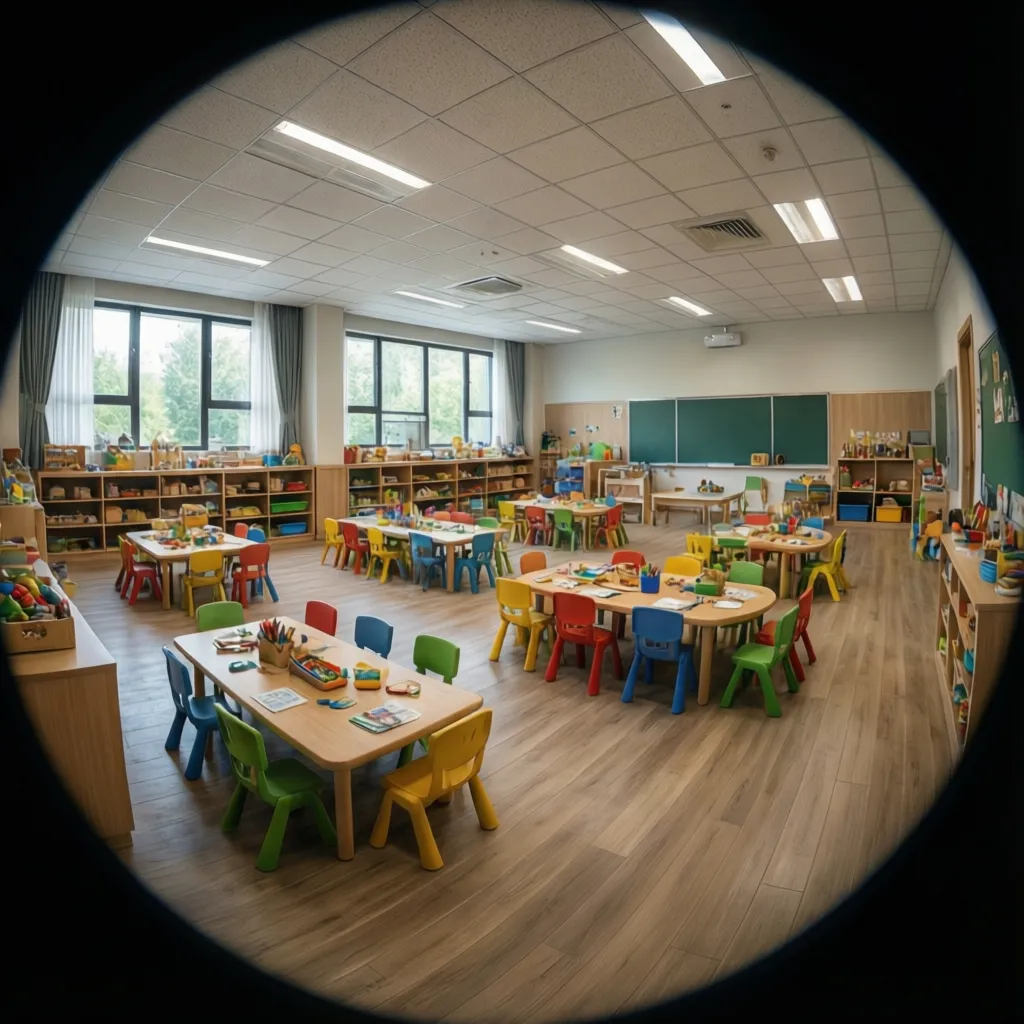 large childcare center classroom layout with multiple activity areas