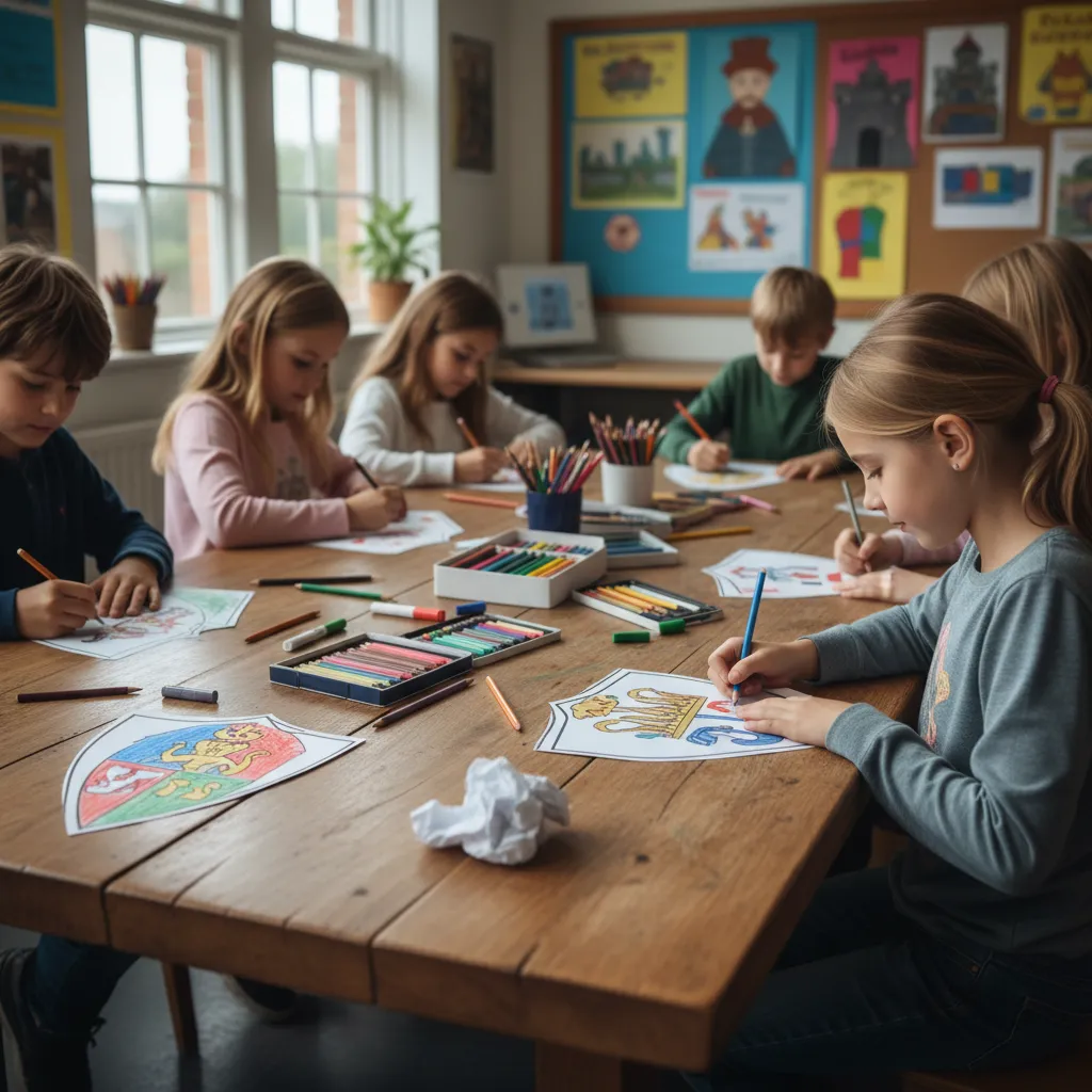 Niños dibujando escudos medievales con colores y símbolos