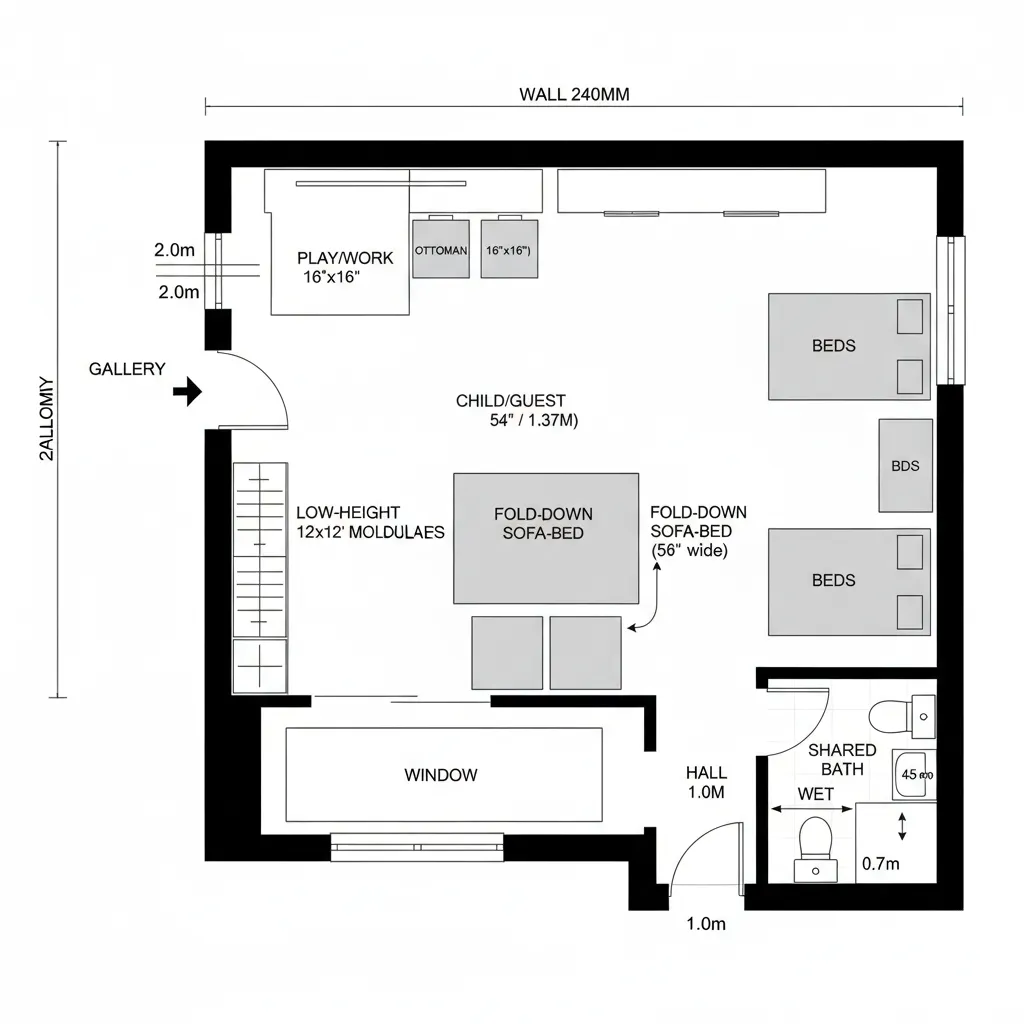 Black and white floor plan showing a studio apartment with beds sofa bathroom and work area