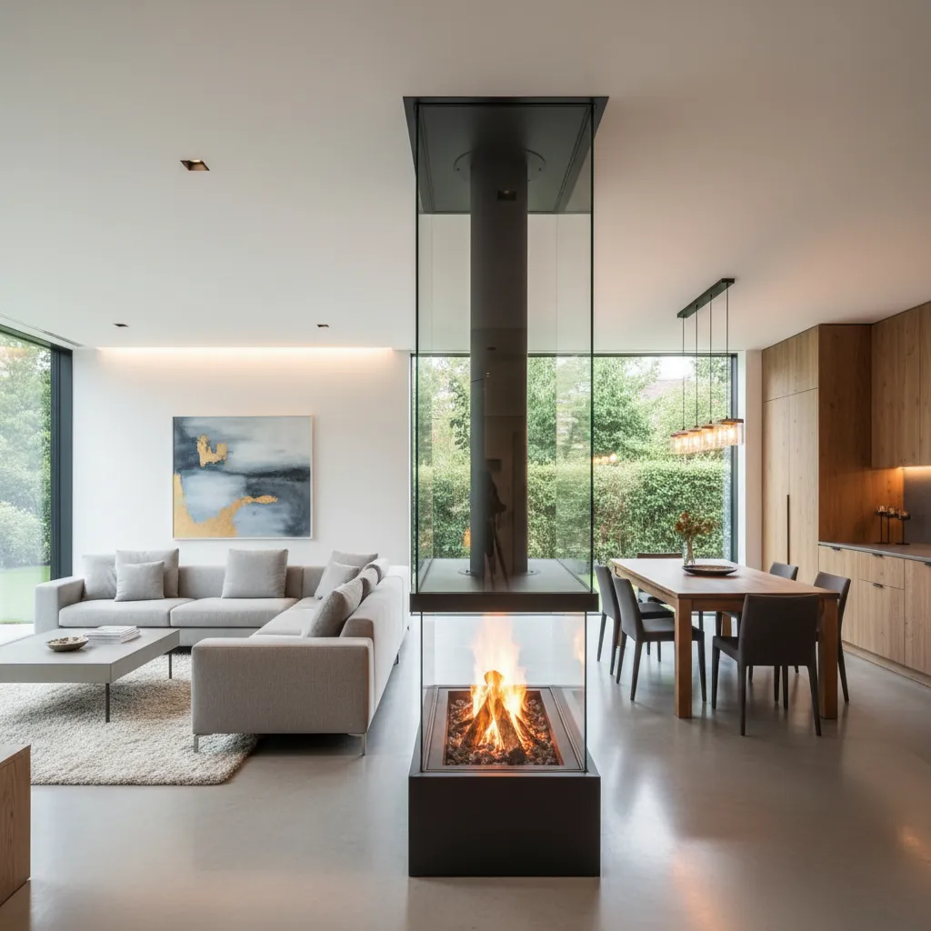 Chimenea moderna que divide salón y comedor