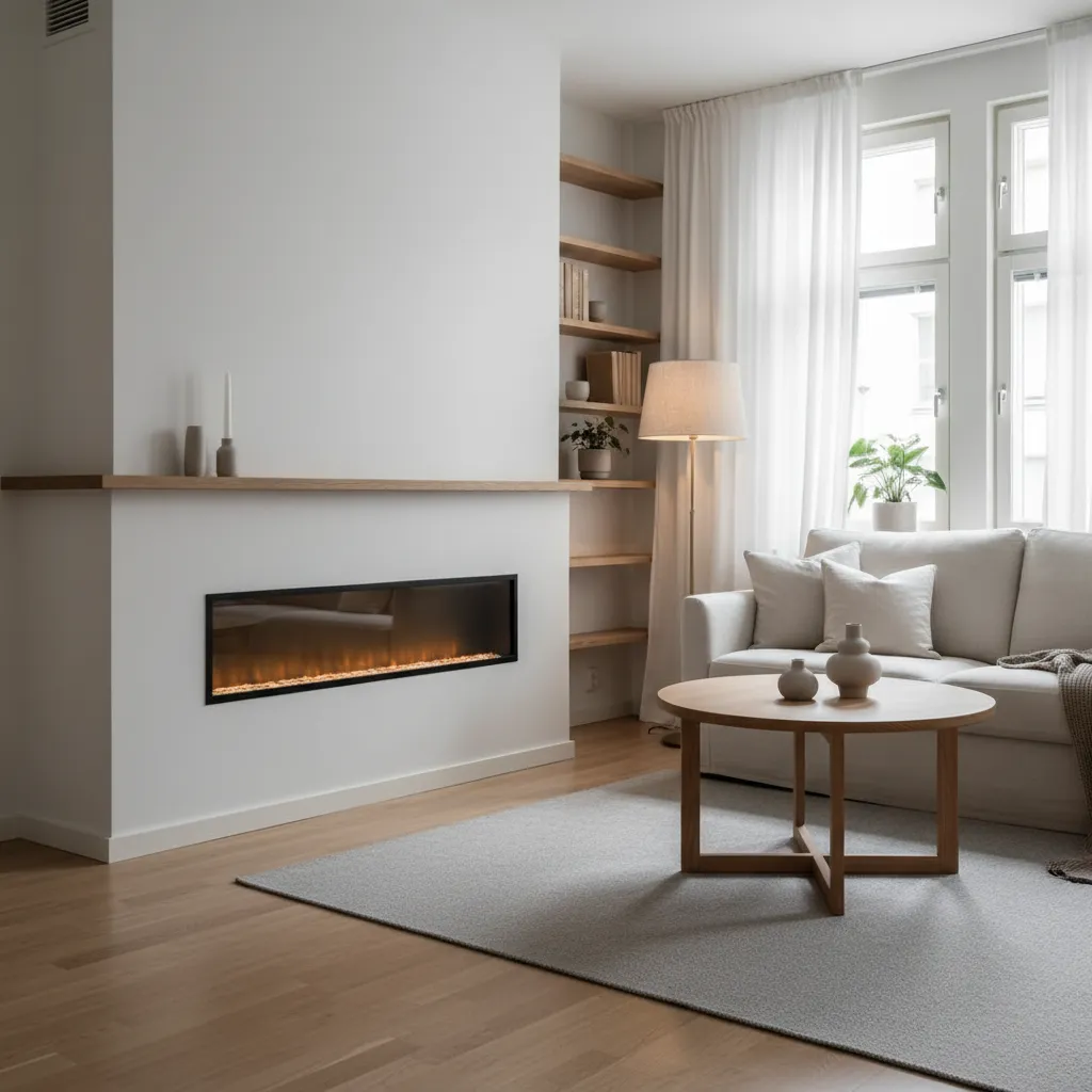 Chimenea eléctrica moderna instalada en un salón compacto