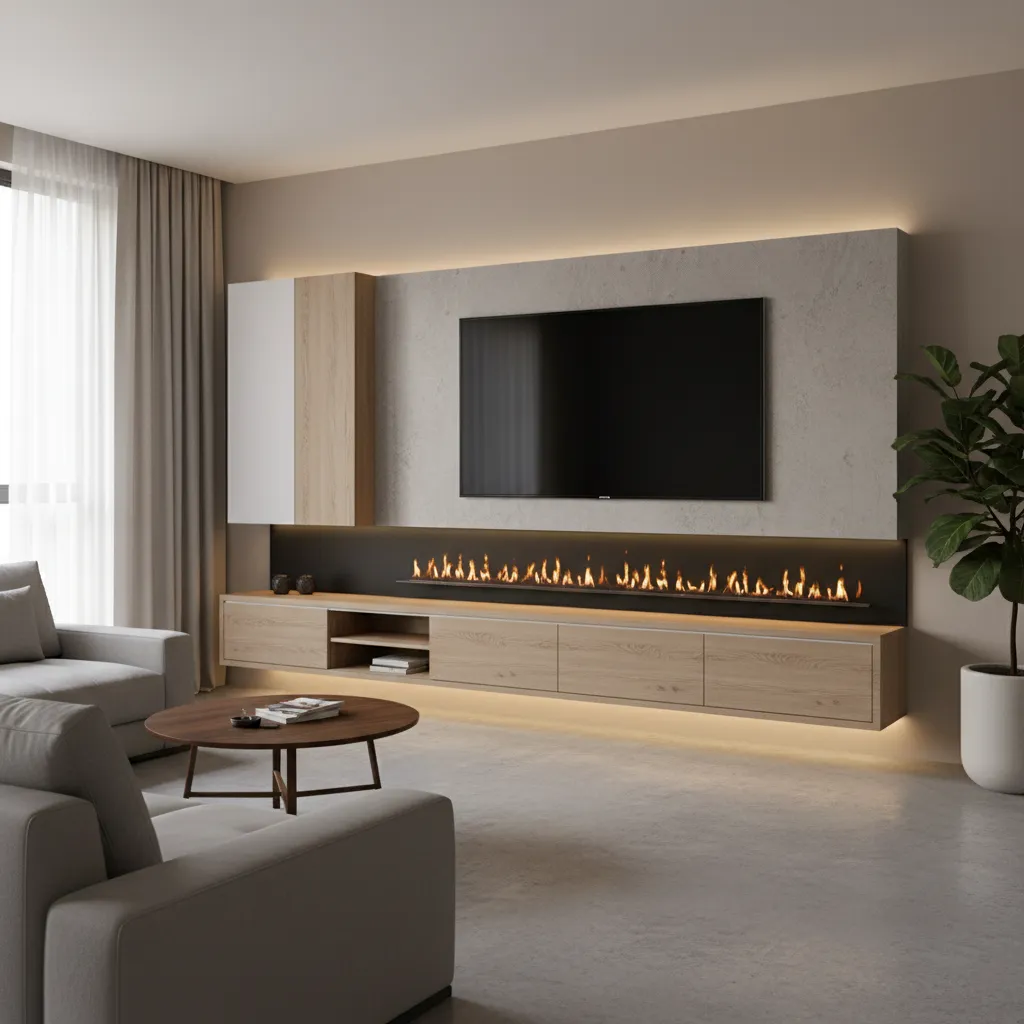 Chimenea integrada en mueble de televisión moderno