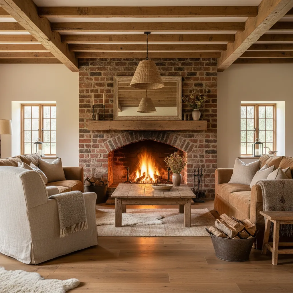 Salón con chimenea rústica de ladrillo