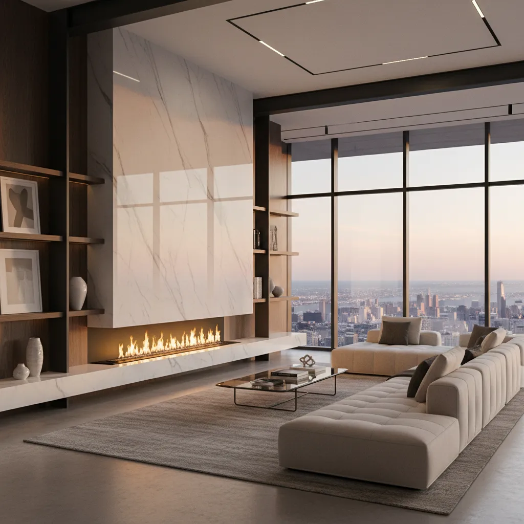 Chimenea panorámica moderna en salón contemporáneo