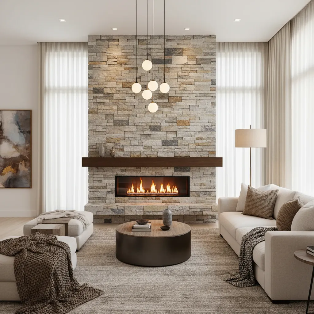 Chimenea moderna revestida con piedra natural