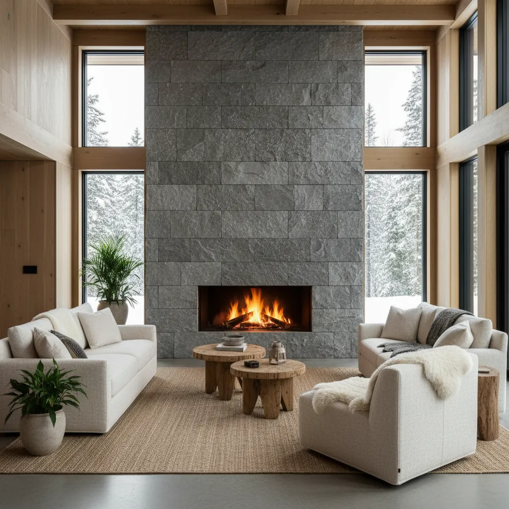 Chimenea de piedra moderna en un salón amplio
