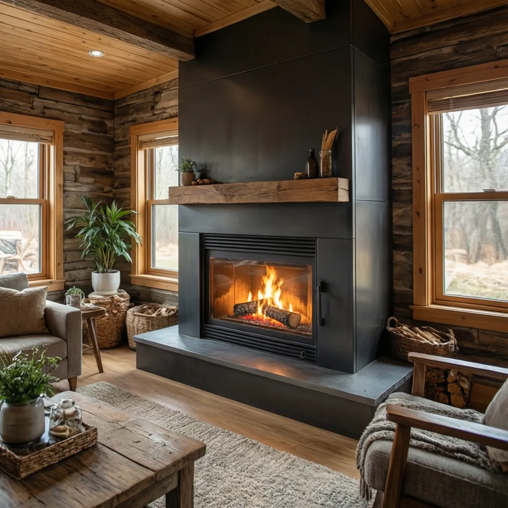 Chimenea prefabricada moderna instalada en salón de casa rural