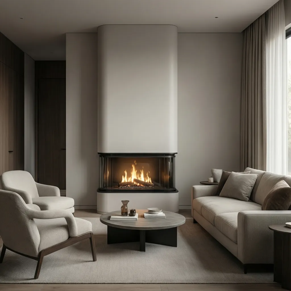 Chimenea vertical moderna en pared de salón pequeño