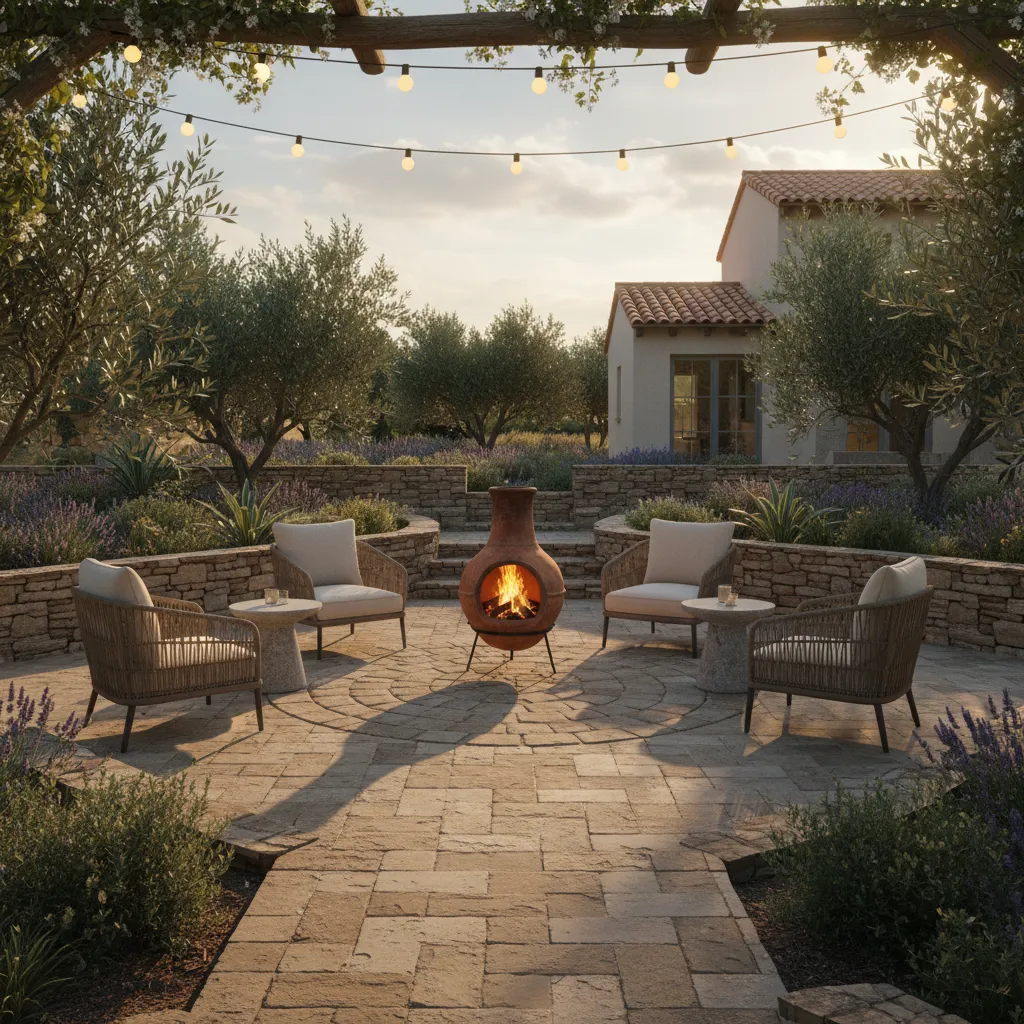 backyard patio with chiminea and seating arrangement example