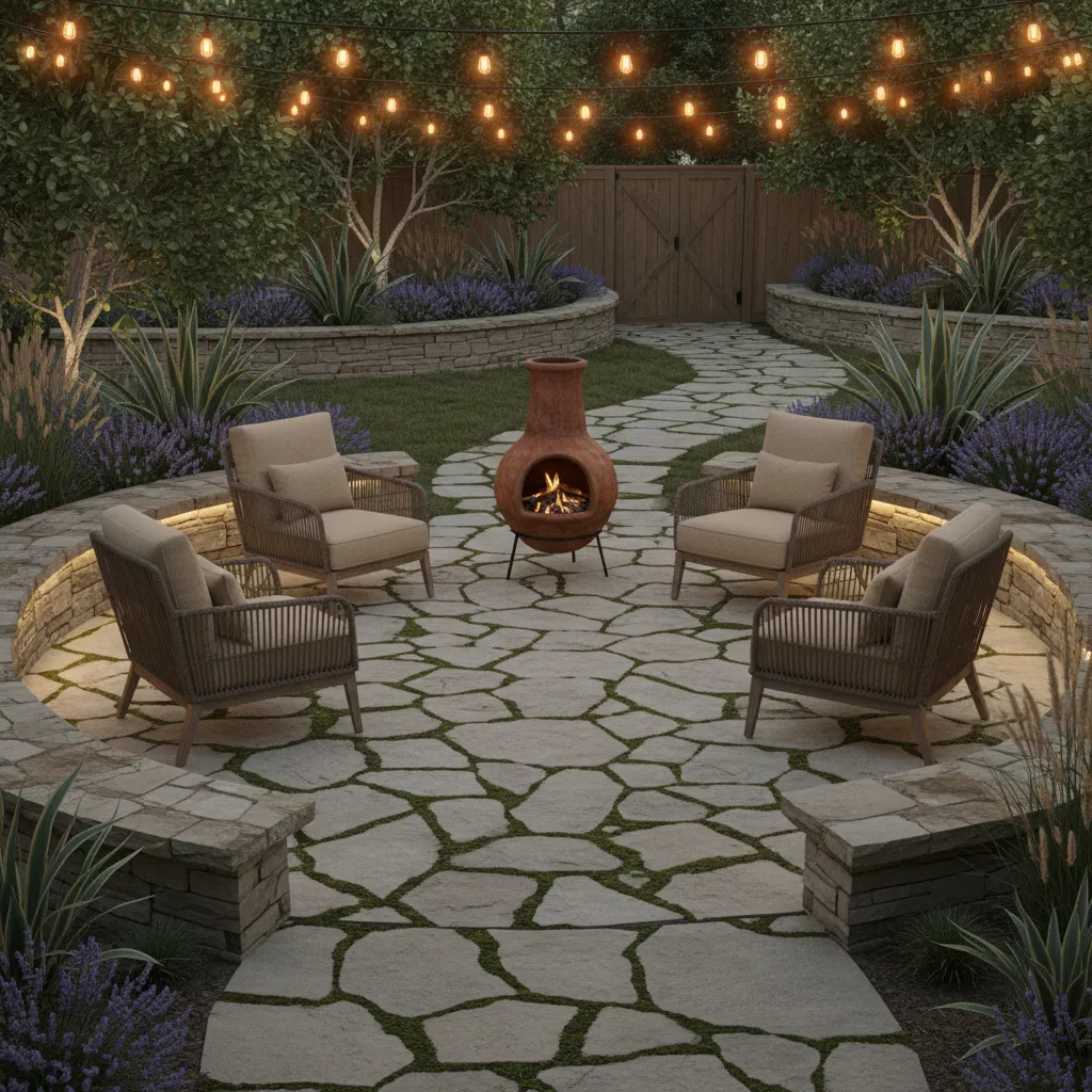 Backyard chiminea seating layout with safe spacing and patio chairs