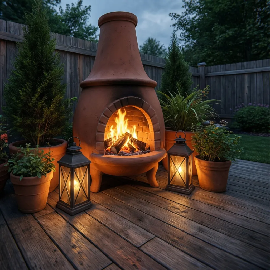 example of decor items placed too close to a chiminea fire feature