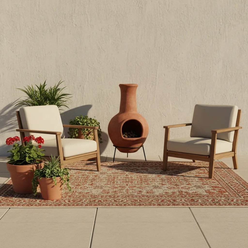 Clay chiminea with matching terracotta planters and wooden patio furniture