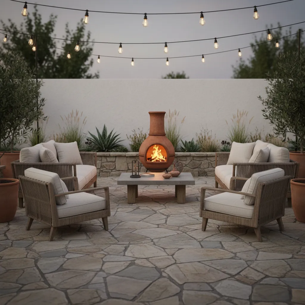 backyard patio with chiminea as focal point and balanced seating