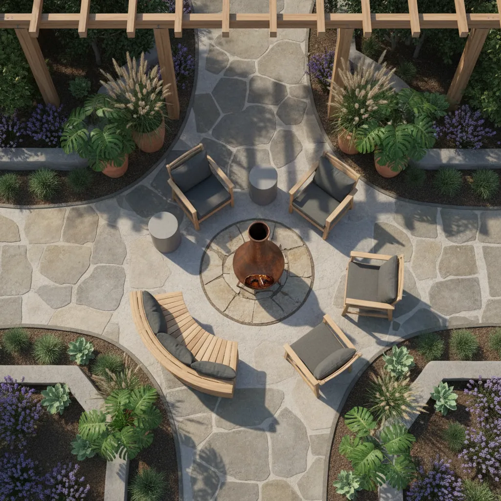 Top view patio layout plan showing seating and chiminea placement