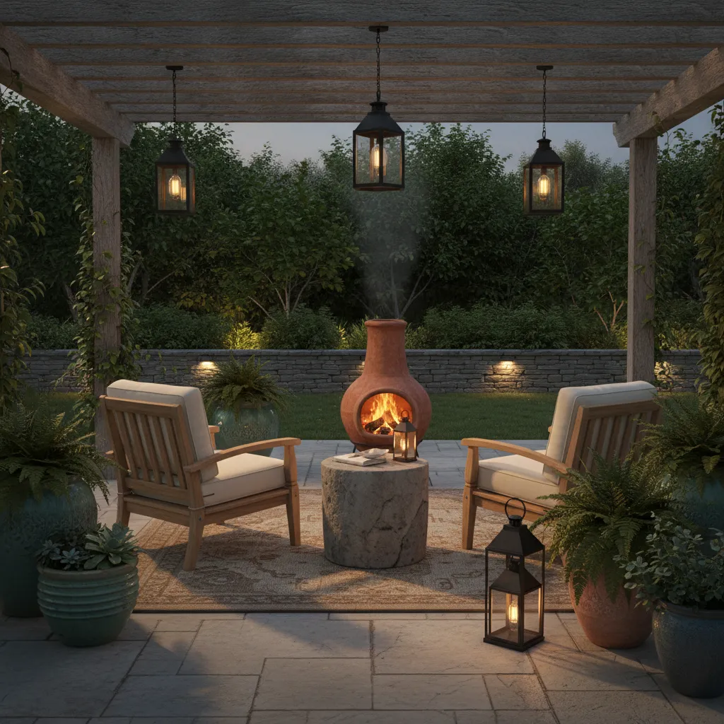 patio decor using stone metal and ceramic materials around chiminea