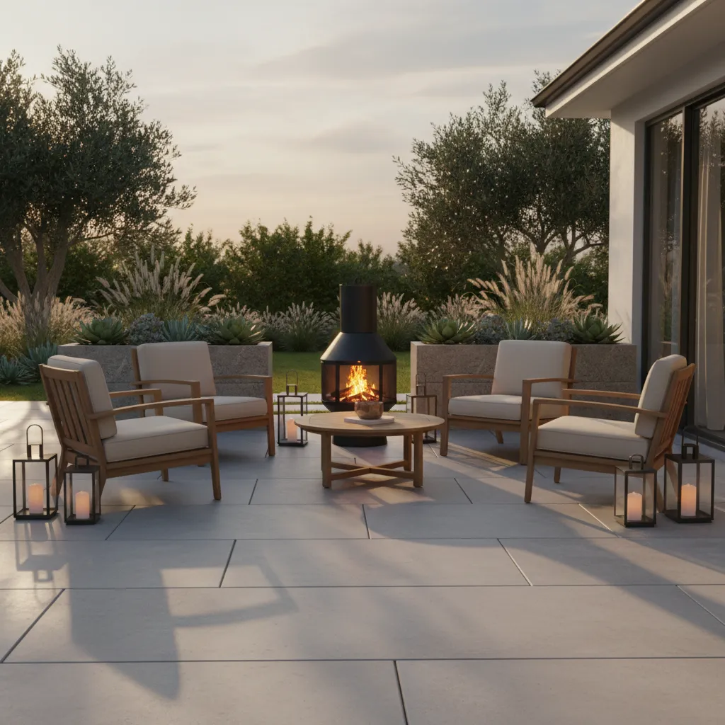 Outdoor chiminea surrounded by metal lanterns stone planters and teak chairs