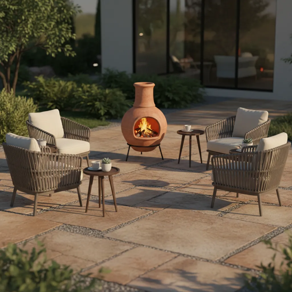 semicircle seating layout around chiminea on backyard patio