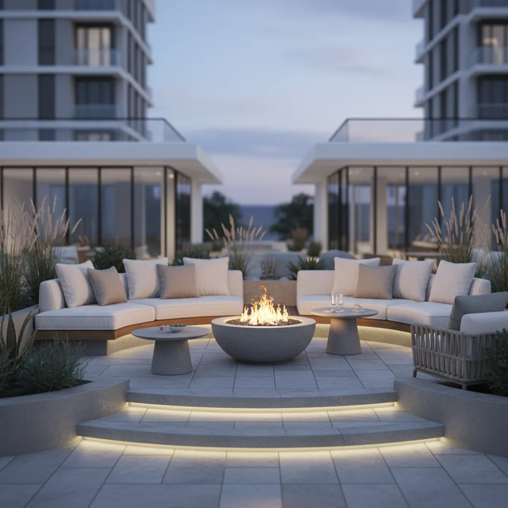 Outdoor lounge seating semicircle around chiminea fire feature