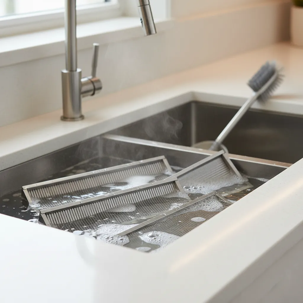 Kitchen chimney baffle filters being cleaned in hot water